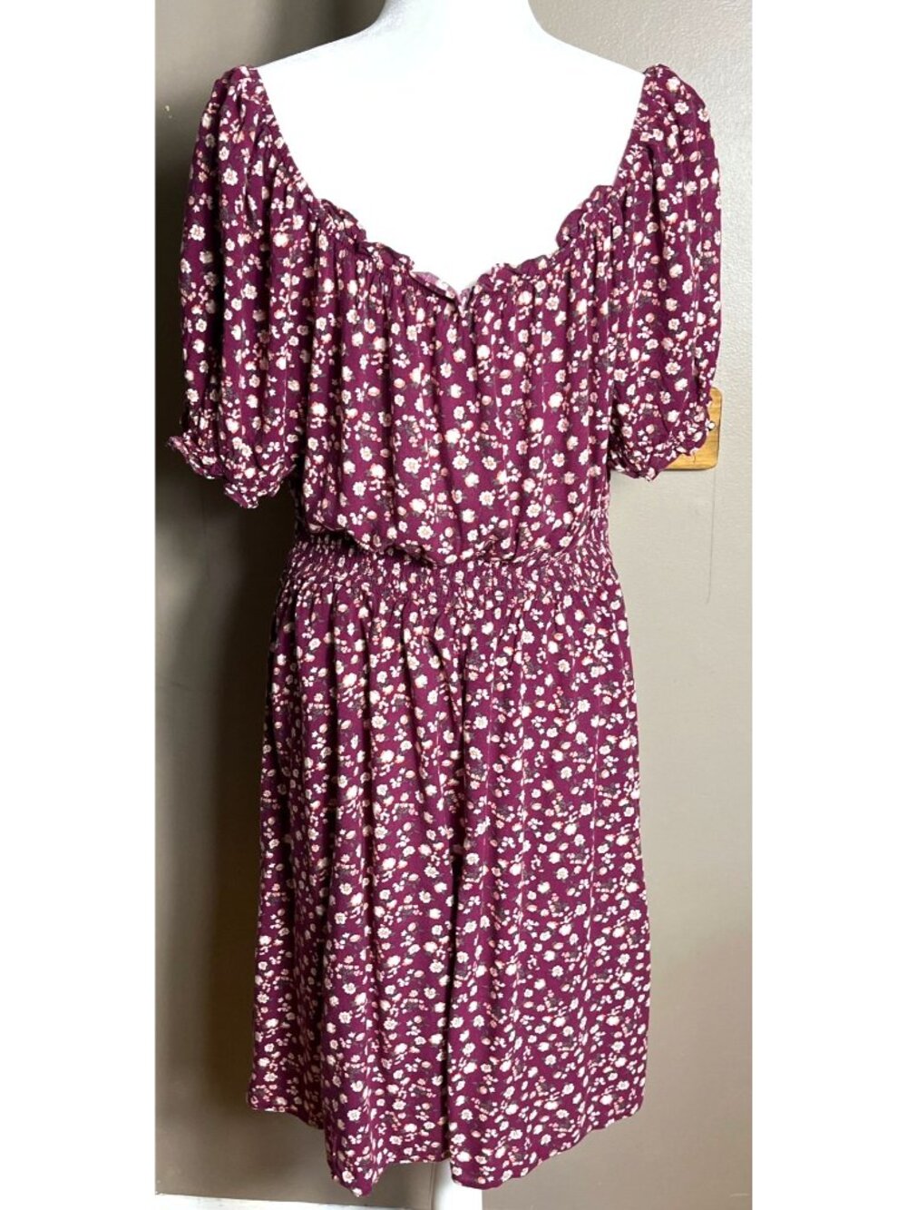 Burgundy Ditsy Floral Dress Boho Peasant Midi Milkmaid Casual Smocked Wom 1X - Picture 3 of 10